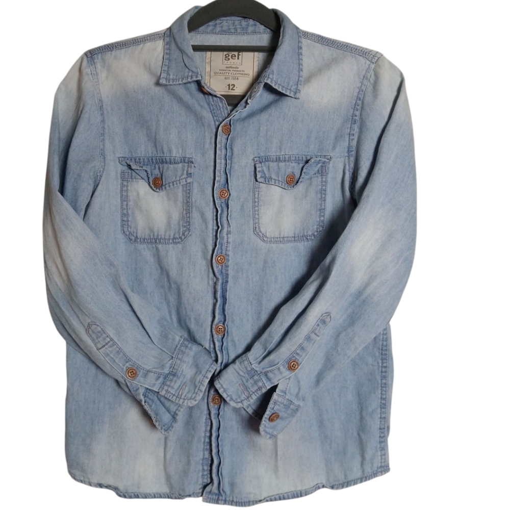 Kids Light Blue Denim Button-Up Shirt Sz 12 - Picture 3 of 4